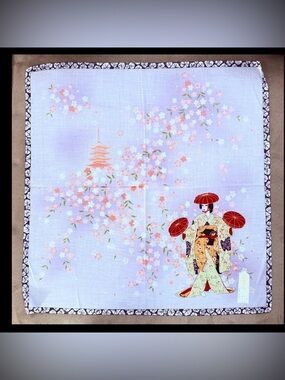 Vtg Japanese Scarf Purple With Geisha Cherry Blossom 100% Cotton 16.75” Square